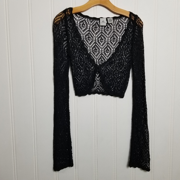 Armani Exchange Crochet Net Cropped Black Cardian Womens Open Knit Jacket - Picture 2 of 11